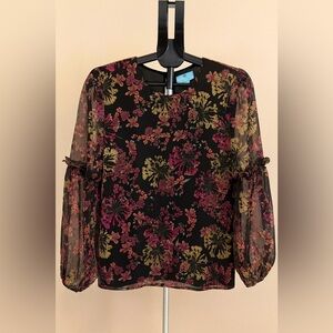 CeCe Chiffon Ruffle Floral Sheer Dark Coquette Whimsigoth Blouse Long Sleeve M
